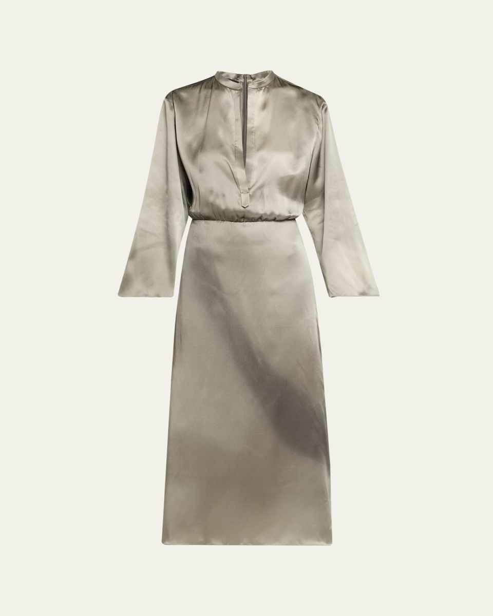Ombre Print Silk Long-Sleeve Midi Dress